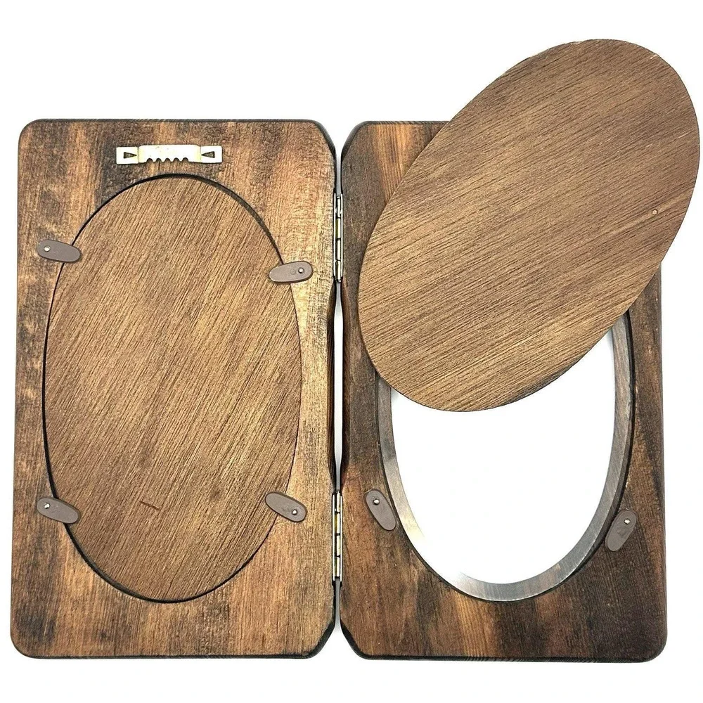 Vintage Wood Double Hinged 5x7 Photo Frame Oval Glass Scrollwork Rustic